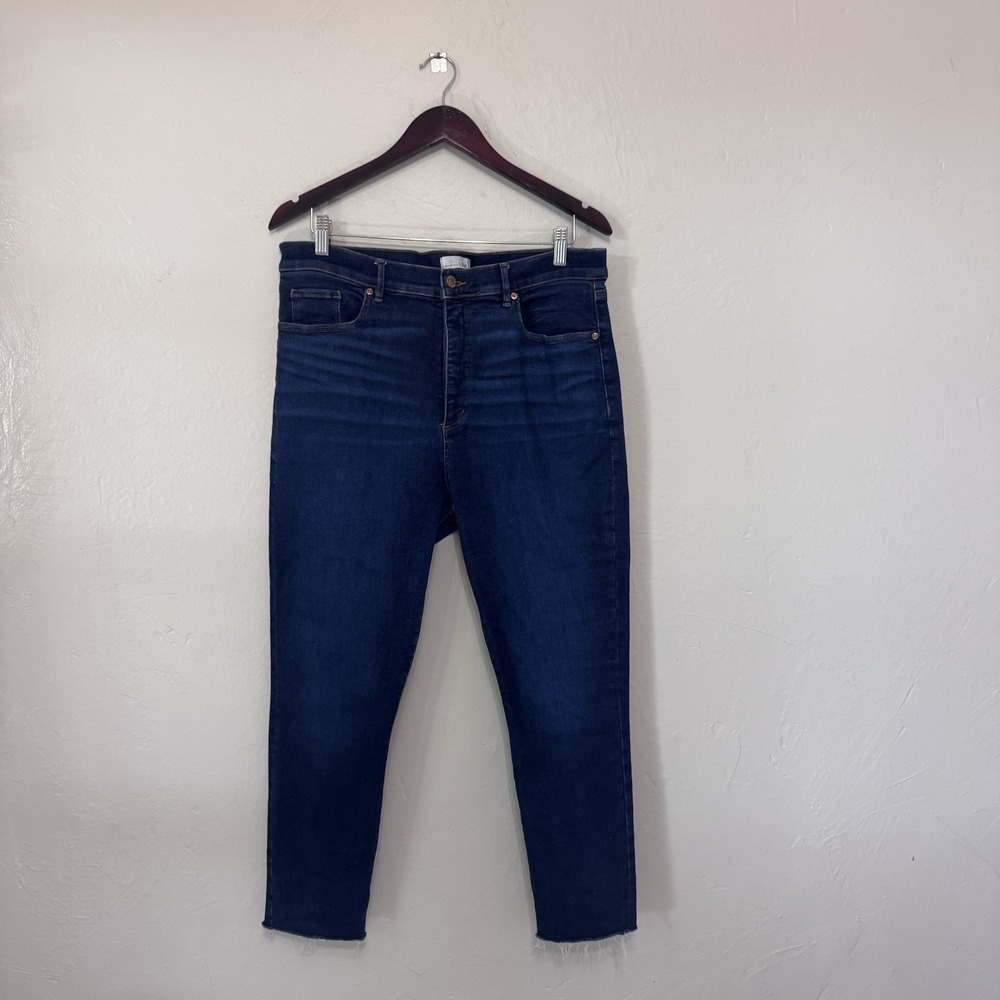 LOFT Women's Dark Wash Blue Denim Straight Jeans Mid Rise 5-Pocket Raw Hem